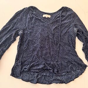 LOFT Blue Ruched Blouse with White Dots